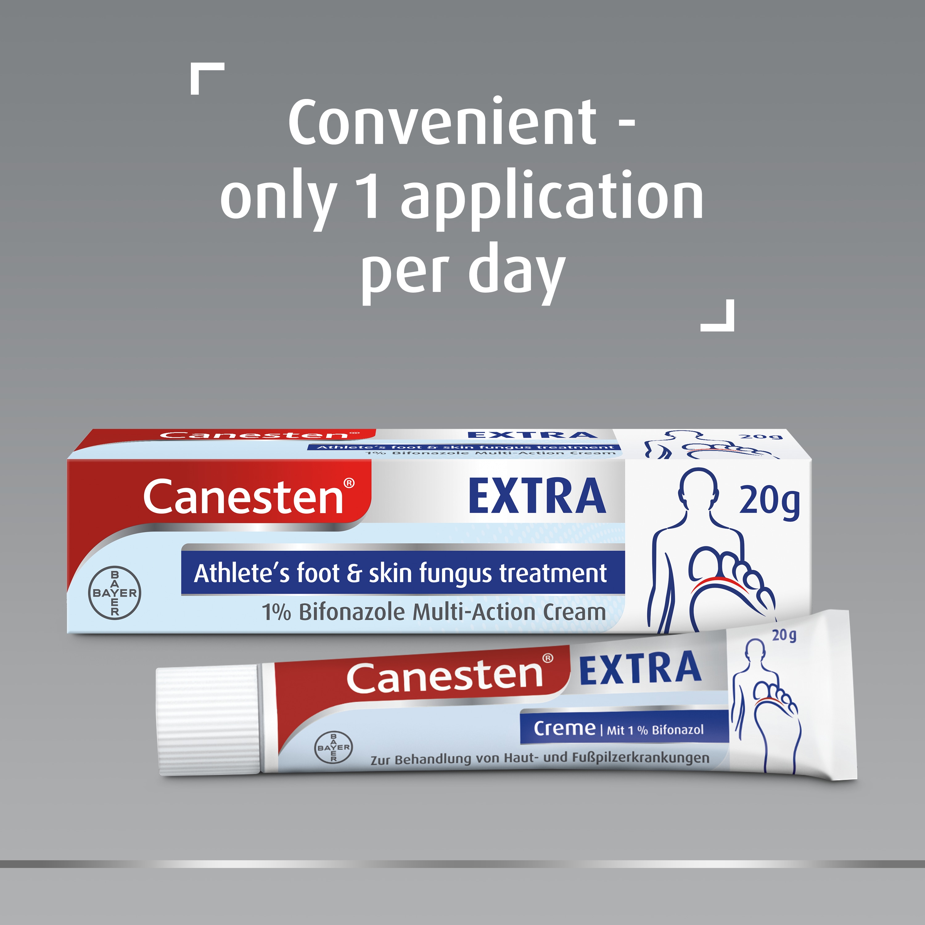 Canesten Extra 1% Bifonazole Multi-Action Cream 20g for athlete’s foot and skin fungus treatment, with caption on top: Convenient – only 1 application per day