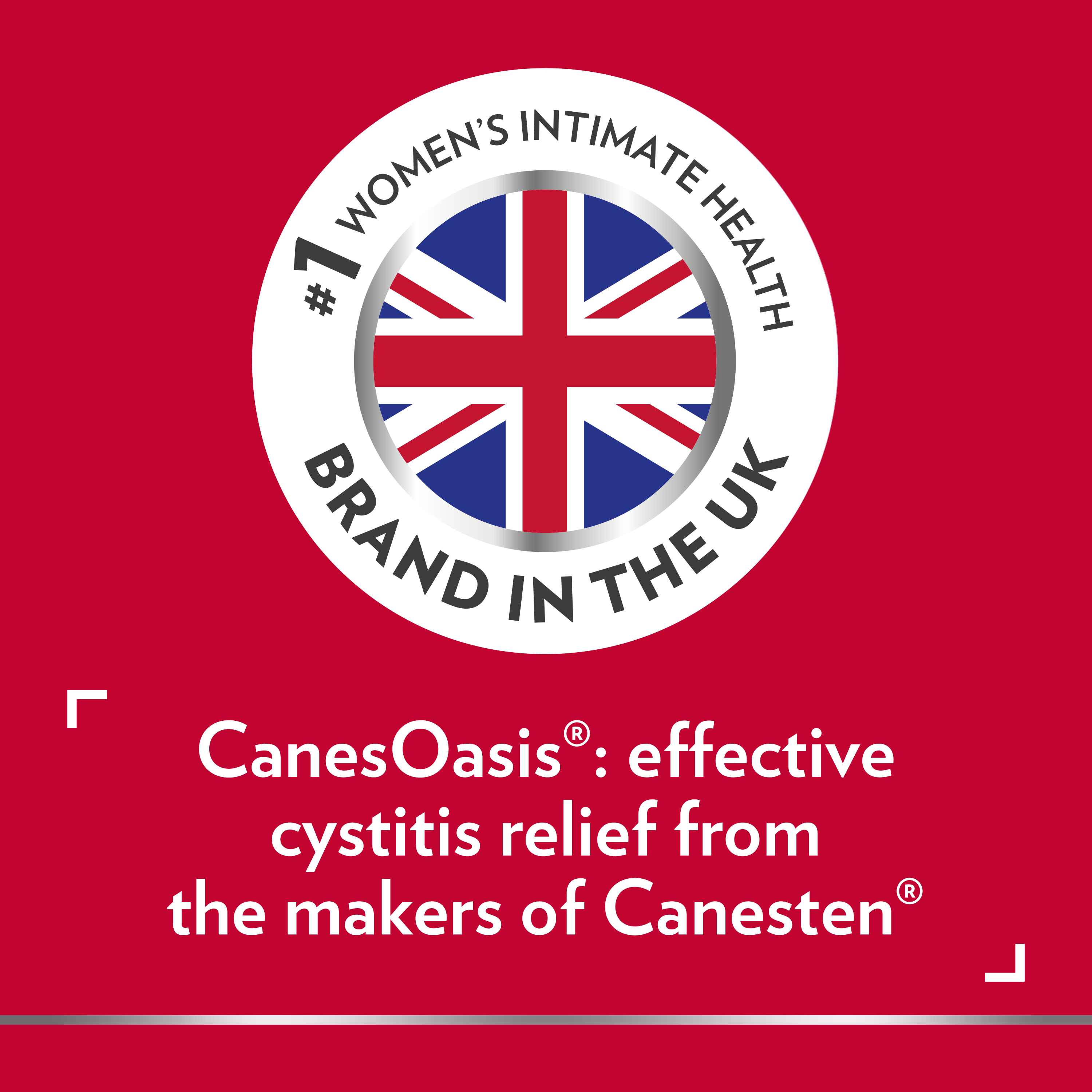 CanesOasis icon, #1 Women’s Intimate Health Brand in the UK, caption on bottom of picture: CanesOasis®: effective cystitis relief from the makers of Canesten®. 
