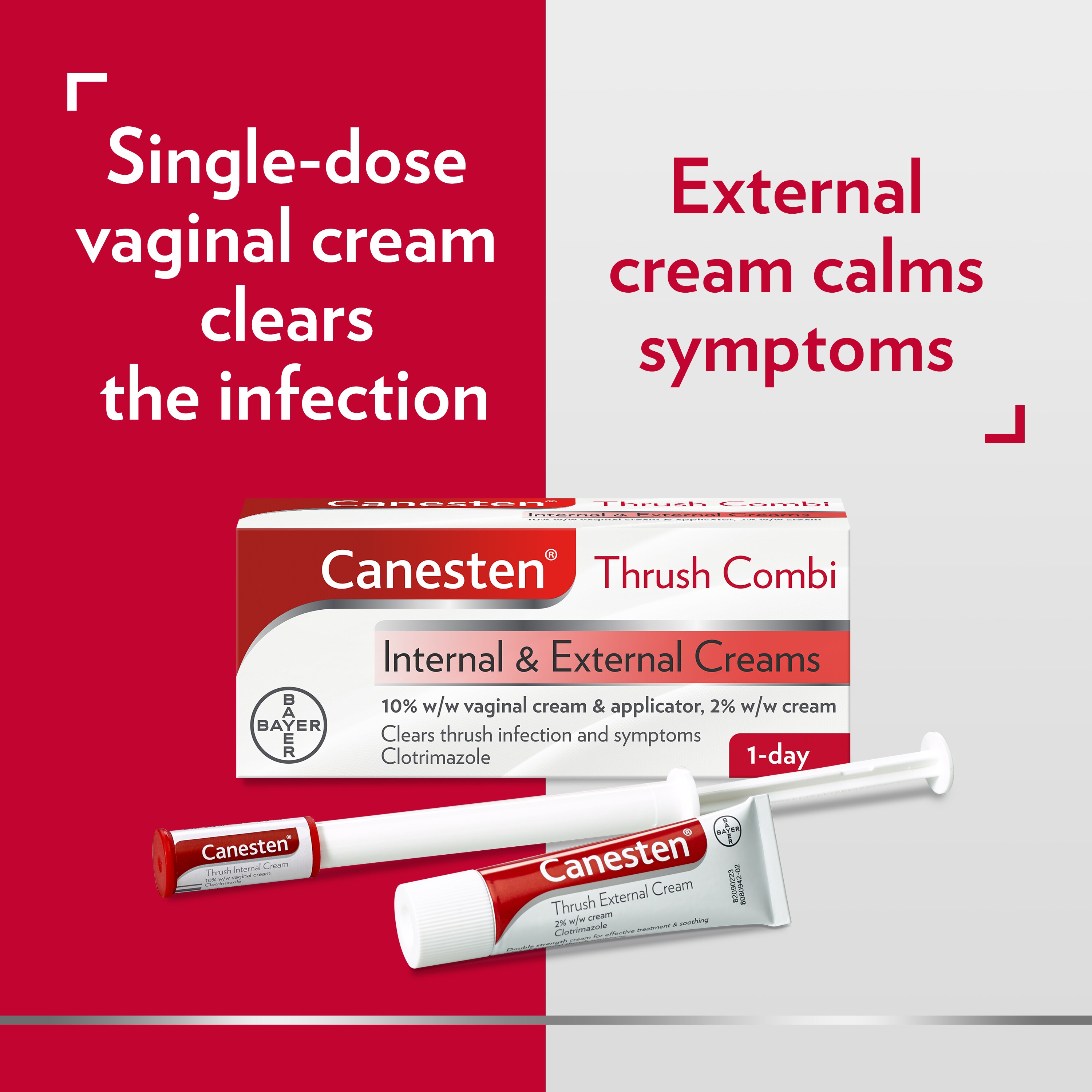 Canesten Thrush Combi Internal & External Creams with double captions: Left side: Single-dose vaginal cream clears the infection, Right side: External cream calms symptoms