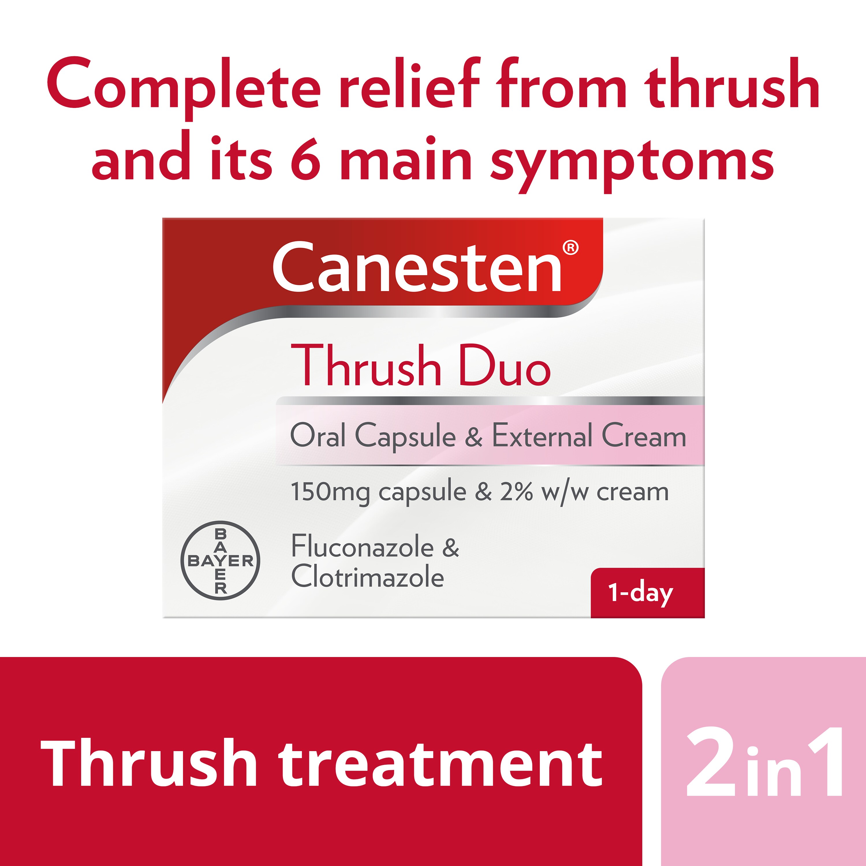 Thrush treatment 2 in 1: Canesten Thrush Duo Oral Capsule and External Cream, with caption on top: Complete relief from thrush and its 6 main symptoms