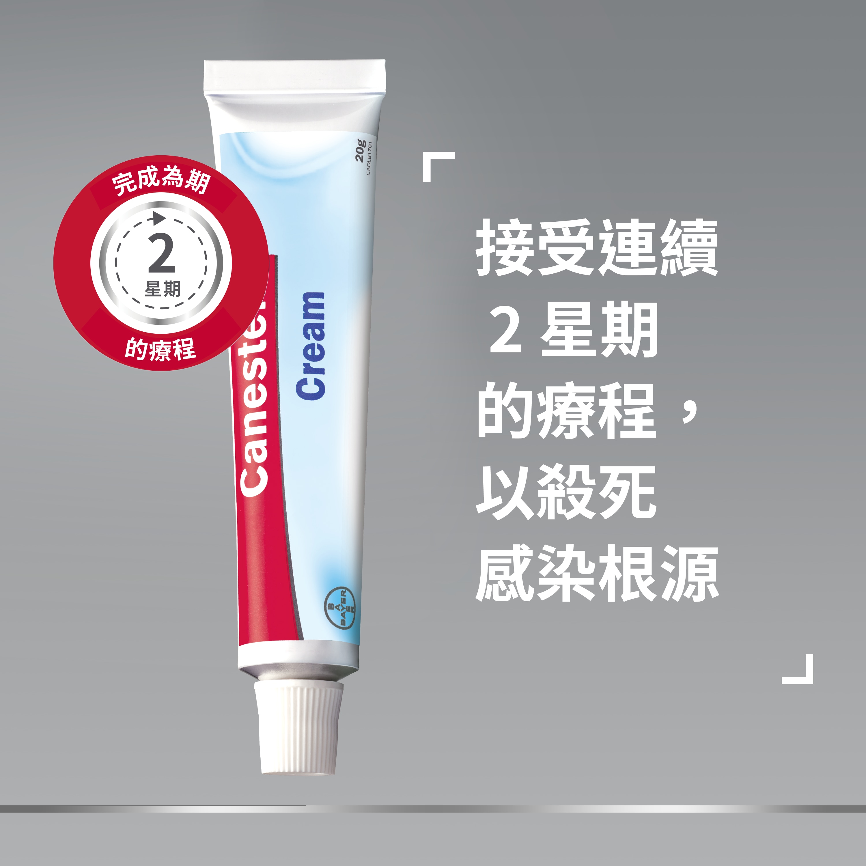 Canesten Antifungal Cream with badge on top saying: Complete 2 weeks treatment, and caption on the right: Continue treatment for 2 weeks to kill the root of the infection 
